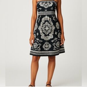 WHBM black white medallion damask print Silk Dress w/detachable spaghetti straps